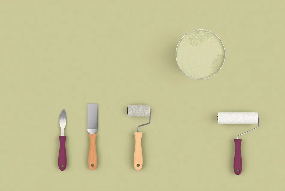 Outils de peinture disposés dans l'ordre des étapes du chantier