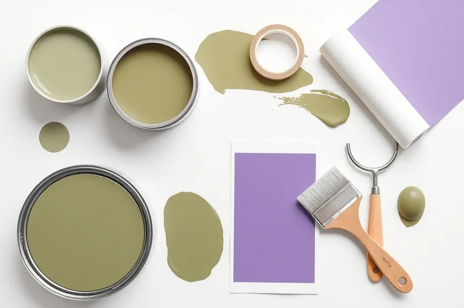 Pots de peinture, nuancier, brosses et rouleaux disposés à plat