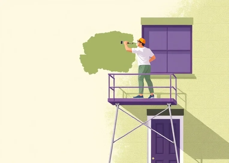 Peintre sur échafaudage traitant la façade d'une maison